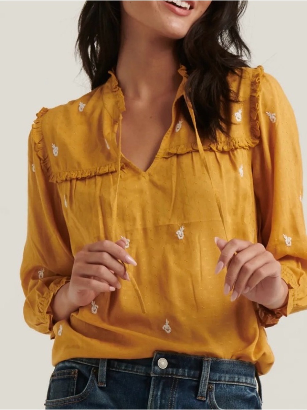 Lucky Brand Mustard Yellow White Foral Embroidered Prairie Boho Blouse XL